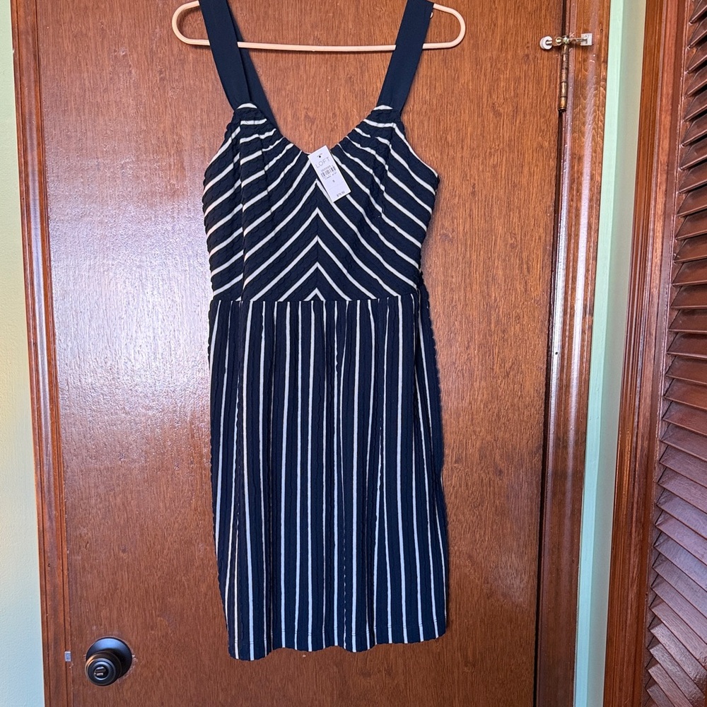 LOFT Navy and White Striped Midi Dress